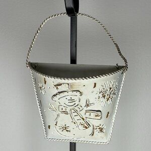 Metal Hanging Wall Pocket Snow Man Snow Flake Holiday 7" Tall 5" Wide